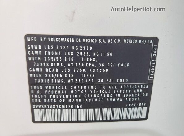 3VV3B7AX7KM130158 2019 VOLKSWAGEN TIGUAN White 