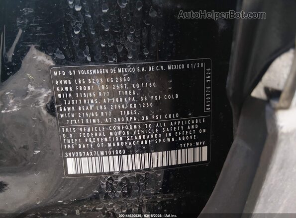 3VV3B7AX7LM101860 2020 VOLKSWAGEN TIGUAN Black ძრავის განყოფილების ხედი
