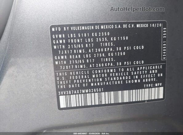 3VV3B7AX7MM026501 2021 VOLKSWAGEN TIGUAN Pewter Vista del compartimento del motor