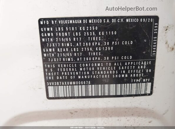 3VV3B7AX8MM006676 2021 VOLKSWAGEN TIGUAN White Engine compartment view