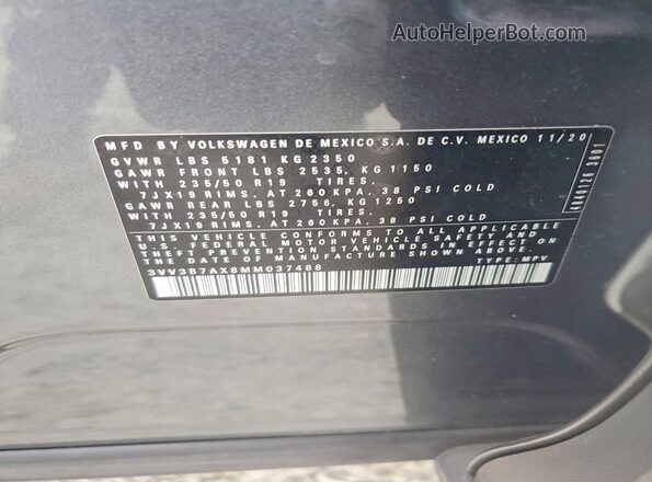 3VV3B7AX8MM037488 2021 VOLKSWAGEN TIGUAN Gray სალონის 360-გრადუსიანი ხედი
