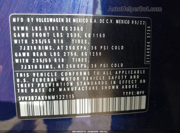 3VV3B7AX9NM122115 2022 VOLKSWAGEN TIGUAN Dark Blue Engine compartment view