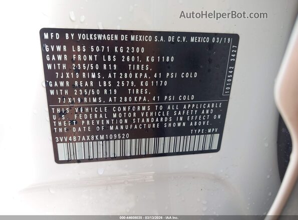 3VV4B7AX8KM109520 2019 VOLKSWAGEN TIGUAN White 