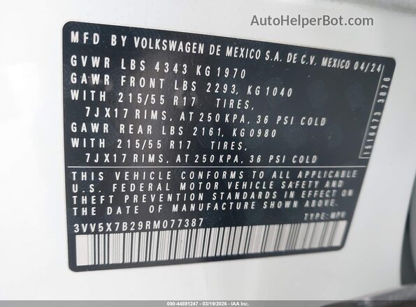 3VV5X7B29RM077387 2024 VOLKSWAGEN TAOS White ძრავის განყოფილების ხედი