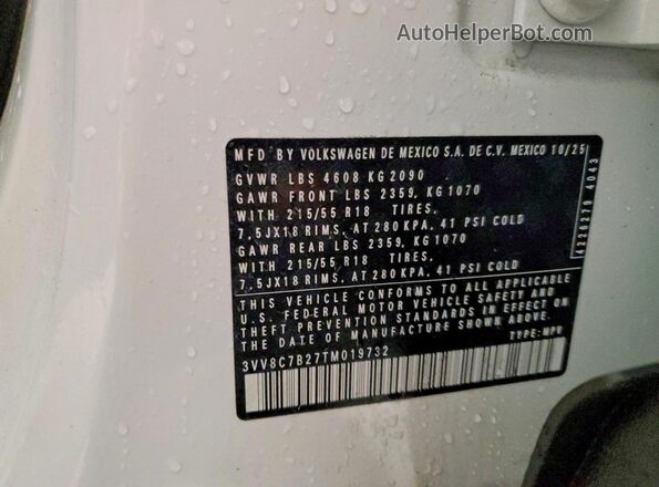3VV8C7B27TM019732 2026 VOLKSWAGEN TAOS White Vista de la etiqueta del VIN
