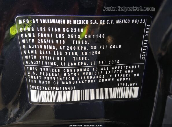 3VVCB7AX9PM115491 2023 VOLKSWAGEN TIGUAN Black Вид підкапотного простору