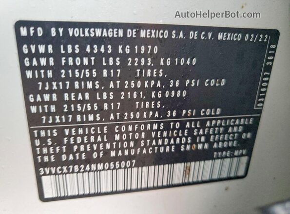 3VVCX7B24NM055007 2022 VOLKSWAGEN TAOS White Панорамний вид салону 360°
