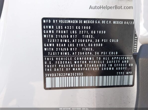 3VVDX7B22PM352803 2023 VOLKSWAGEN TAOS White Engine compartment view