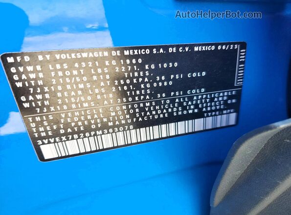 3VVEX7B26PM363078 2023 VOLKSWAGEN TAOS Blue Вид наклейки з VIN-кодом