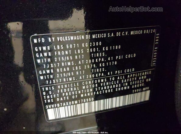 3VVFB7AX0RM178950 2024 VOLKSWAGEN TIGUAN Black Engine compartment view