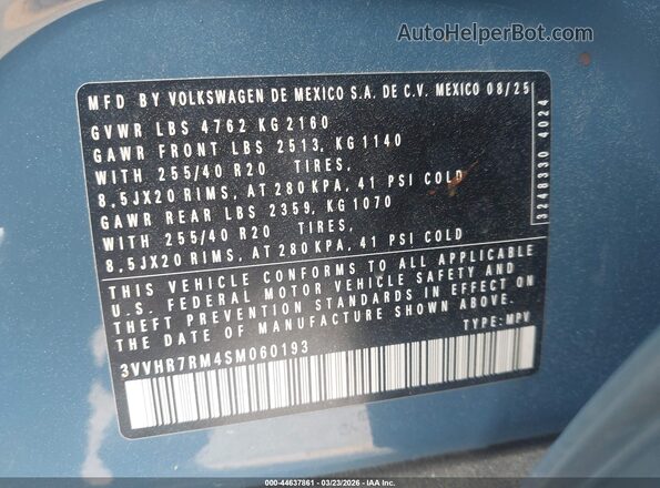 3VVHR7RM4SM060193 2025 VOLKSWAGEN TIGUAN Blue Engine compartment view