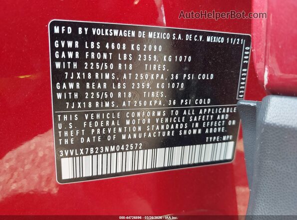 3VVLX7B23NM042572 2022 VOLKSWAGEN TAOS Red ძრავის განყოფილების ხედი