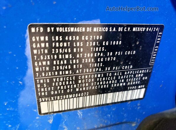 3VVLX7B29RM084072 2024 VOLKSWAGEN TAOS Blue Widok wnętrza 360 stopni