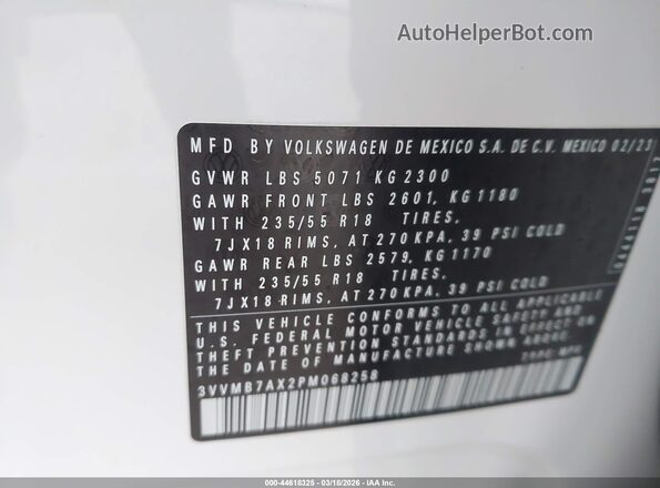 3VVMB7AX2PM068258 2023 VOLKSWAGEN TIGUAN White Вид підкапотного простору