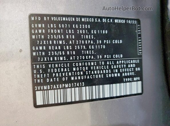 3VVMB7AX8PM017413 2023 VOLKSWAGEN TIGUAN Silver 