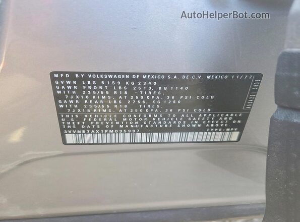 3VVNB7AX1PM035997 2023 VOLKSWAGEN TIGUAN Серый Вид наклейки с VIN-кодом
