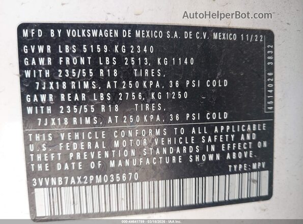 3VVNB7AX2PM035670 2023 VOLKSWAGEN TIGUAN White 