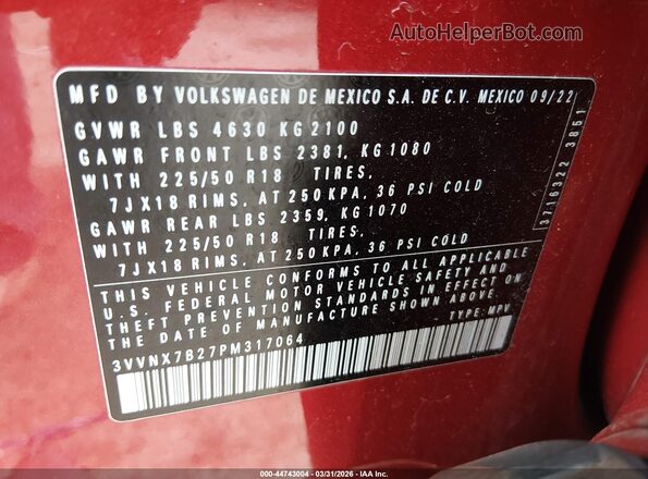 3VVNX7B27PM317064 2023 VOLKSWAGEN TAOS Красный 