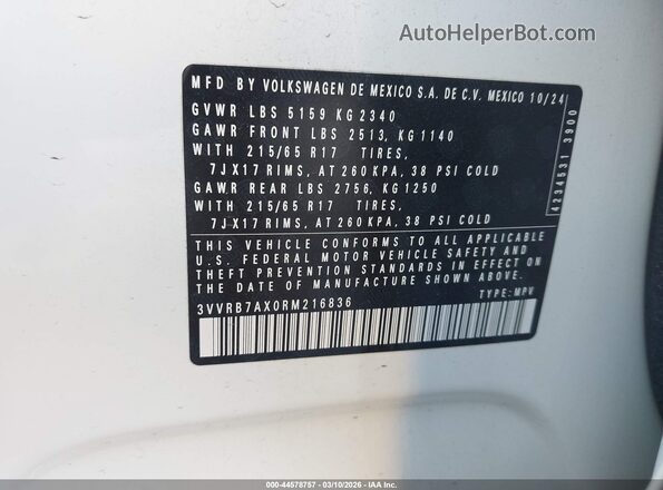 3VVRB7AX0RM216836 2024 VOLKSWAGEN TIGUAN Белый 