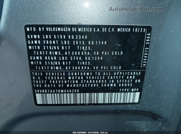 3VVRB7AX7RM048208 2024 VOLKSWAGEN TIGUAN Silver ძრავის განყოფილების ხედი