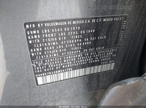 3VVRX7B20NM007756 2022 VOLKSWAGEN TAOS Gray Widok komory silnika