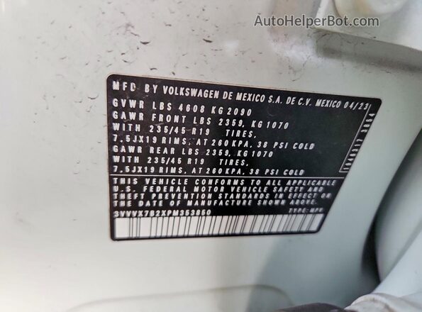 3VVVX7B2XPM353850 2023 VOLKSWAGEN TAOS White VIN კოდის სტიკერის ხედი