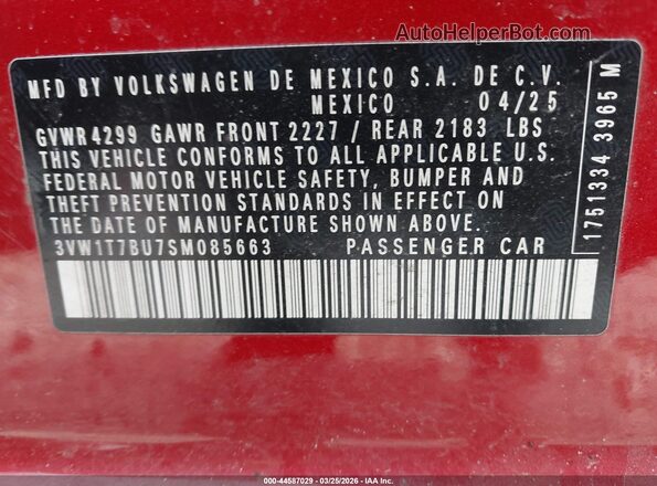 3VW1T7BU7SM085663 2025 VOLKSWAGEN JETTA Red Vista del compartimento del motor