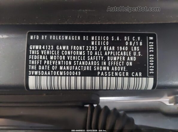 3VW5DAAT0KM500049 2019 VOLKSWAGEN BEETLE Gray 