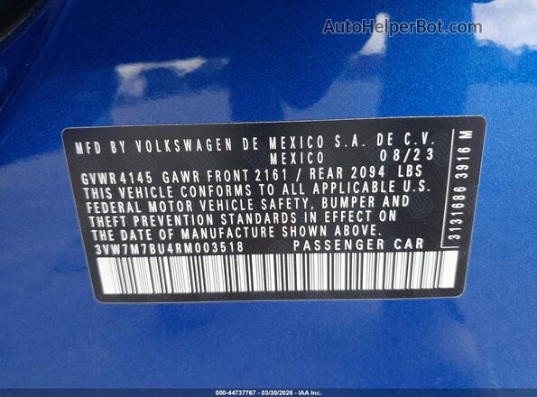 3VW7M7BU4RM003518 2024 VOLKSWAGEN JETTA Blue Շարժիչի բաժամունքի տեսք