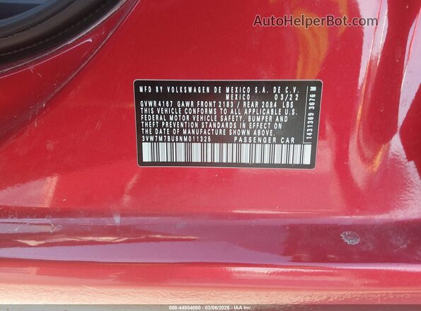 3VW7M7BU8NM011325 2022 VOLKSWAGEN JETTA Красный Вид подкапотного пространства