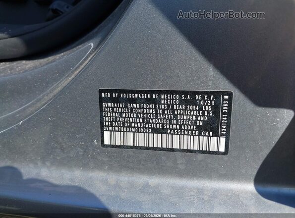 3VW7W7BU0TM019023 2026 VOLKSWAGEN JETTA Silver Вид підкапотного простору