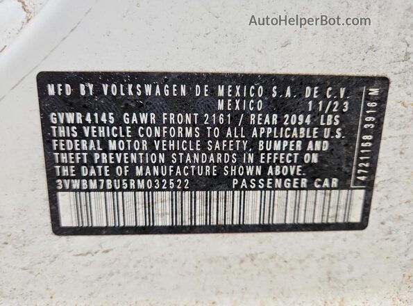 3VWBM7BU5RM032522 2024 VOLKSWAGEN JETTA White VIN კოდის სტიკერის ხედი