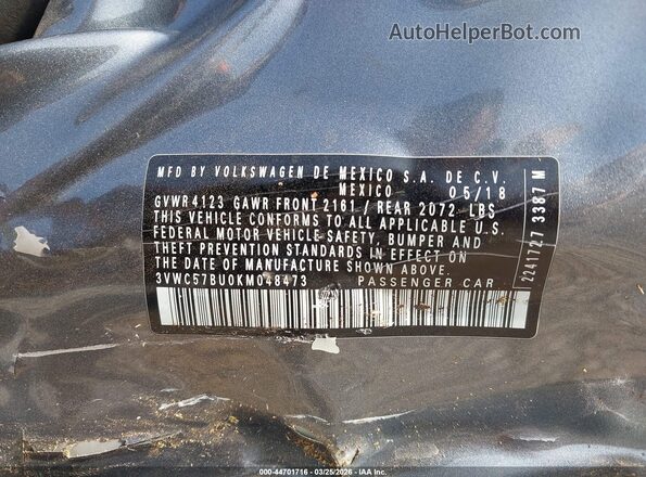 3VWC57BU0KM048473 2019 VOLKSWAGEN JETTA Серый 