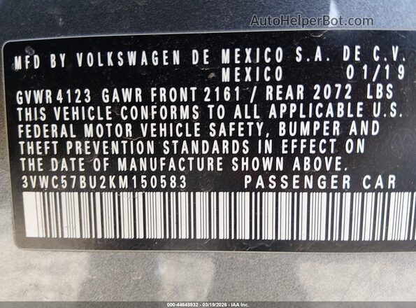 3VWC57BU2KM150583 2019 VOLKSWAGEN JETTA Gray Engine compartment view