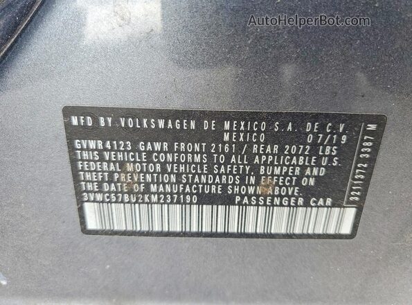 3VWC57BU2KM237190 2019 VOLKSWAGEN JETTA Gray 