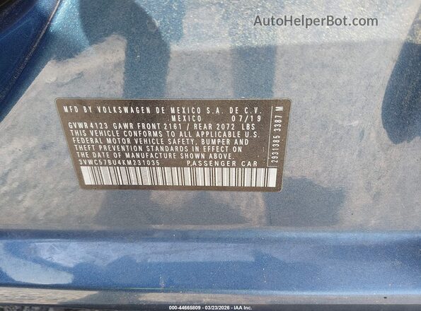 3VWC57BU4KM231035 2019 VOLKSWAGEN JETTA Blue Widok komory silnika