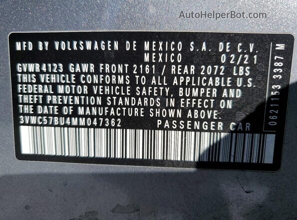 3VWC57BU4MM047362 2021 VOLKSWAGEN JETTA Silver VIN կոդի պիտակի տեսք