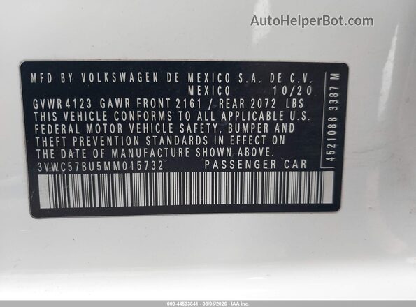 3VWC57BU5MM015732 2021 VOLKSWAGEN JETTA White Widok komory silnika