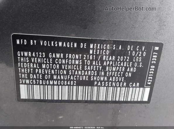 3VWC57BU6MM008482 2021 VOLKSWAGEN JETTA Серый Вид подкапотного пространства