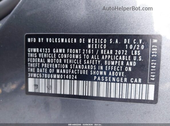 3VWC57BU6MM014024 2021 VOLKSWAGEN JETTA Gray Widok komory silnika