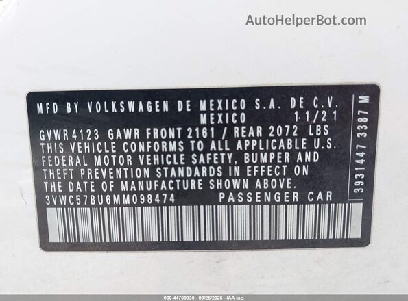 3VWC57BU6MM098474 2021 VOLKSWAGEN JETTA White Widok komory silnika