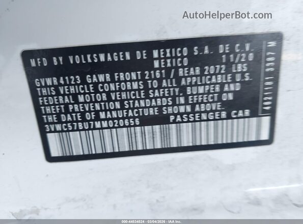 3VWC57BU7MM020656 2021 VOLKSWAGEN JETTA Белый Вид подкапотного пространства