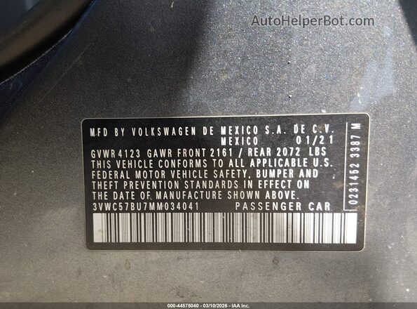 3VWC57BU7MM034041 2021 VOLKSWAGEN JETTA Серый Вид подкапотного пространства