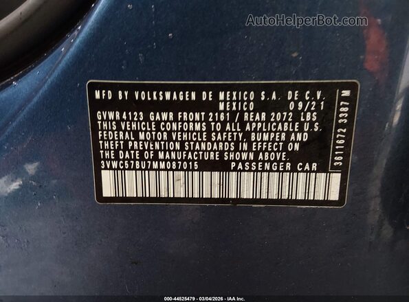 3VWC57BU7MM087015 2021 VOLKSWAGEN JETTA Blue Widok komory silnika