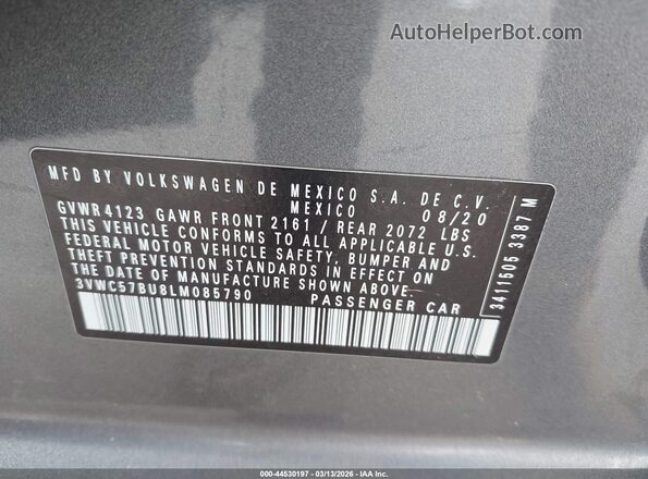 3VWC57BU8LM085790 2020 VOLKSWAGEN JETTA Gray ძრავის განყოფილების ხედი
