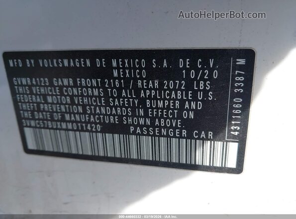 3VWC57BUXMM011420 2021 VOLKSWAGEN JETTA White Вид підкапотного простору