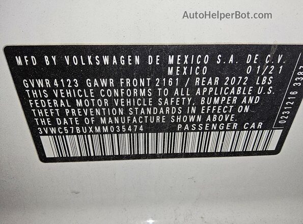 3VWC57BUXMM035474 2021 VOLKSWAGEN JETTA White ძრავის განყოფილების ხედი