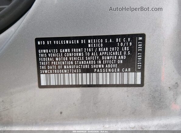 3VWCB7BU0KM272433 2019 VOLKSWAGEN JETTA Silver Вид підкапотного простору