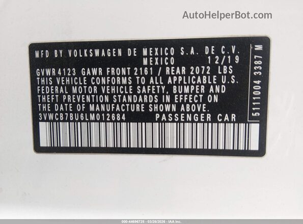 3VWCB7BU6LM012684 2020 VOLKSWAGEN JETTA White 