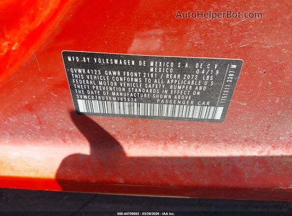 3VWCB7BU9KM189874 2019 VOLKSWAGEN JETTA Оранжевый Вид подкапотного пространства